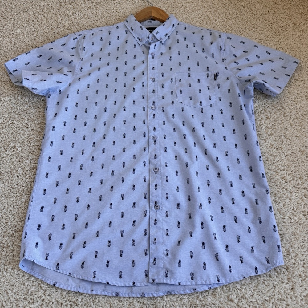 Molokai Surf Co Button Up Shirt Men's Large Blue Pineapple Print Short Sleeve